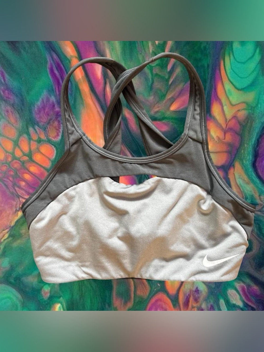 Nike Grey and White Crossback Sports Bra with Pink Strap